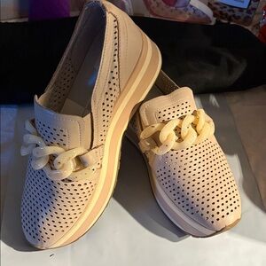 Dolce Vita Beige Perforated Loafers with Chain Detail